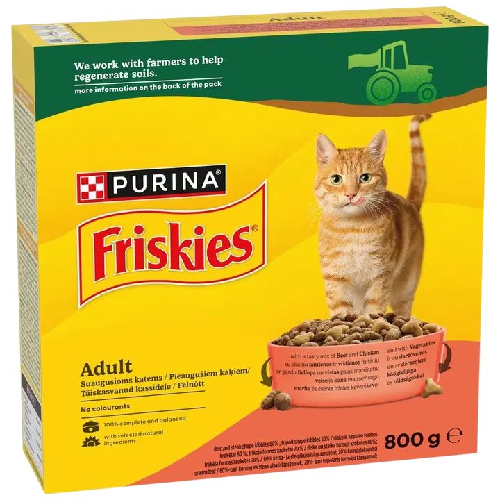 Sausas ėdalas katėms FRISKIES, su vištiena, jautiena ir daržovėmis, 800 g