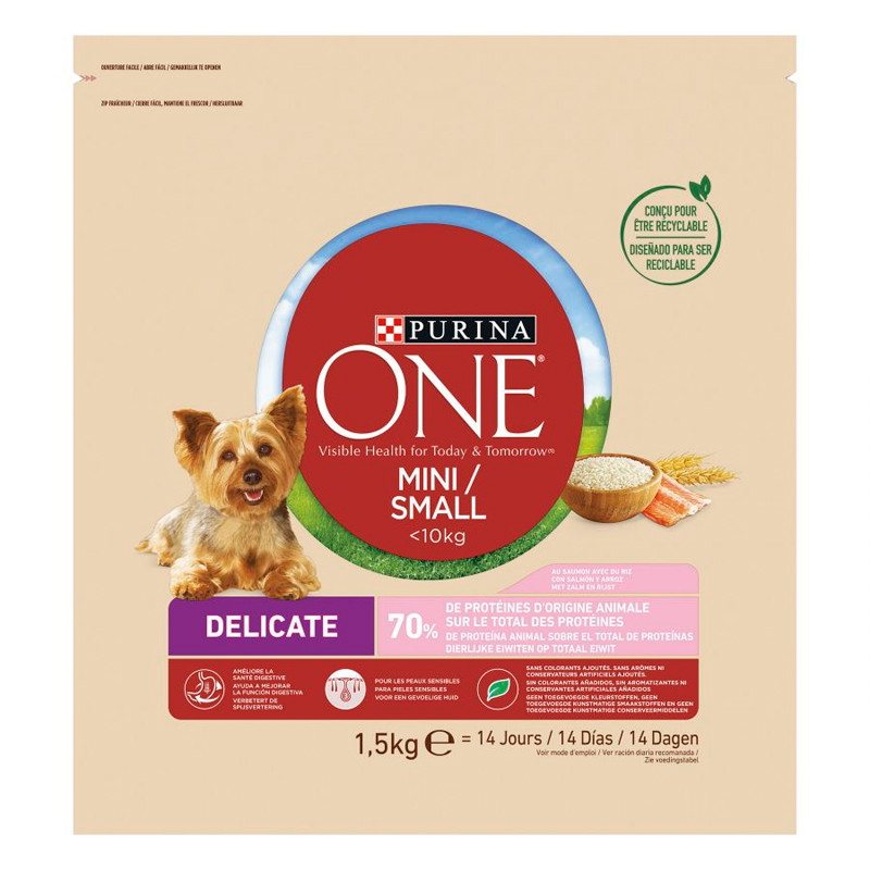 Sausas ėdalas šunims ONE Mini Sensitive, su lašiša ir ryžiais, 1.5 kg