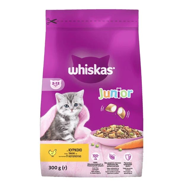 Sausas kačių ėdalas WHISKAS Junior, su vištiena, 300 g