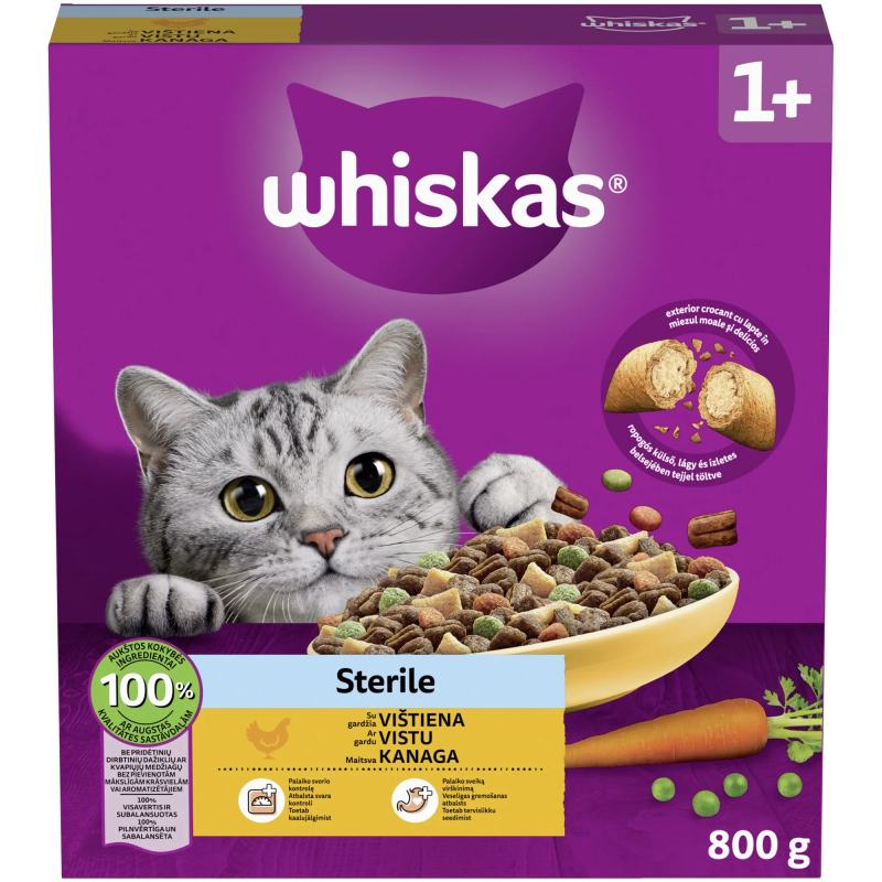 Sausas kačių ėdalas WHISKAS Sterile, su vištiena, 800 g