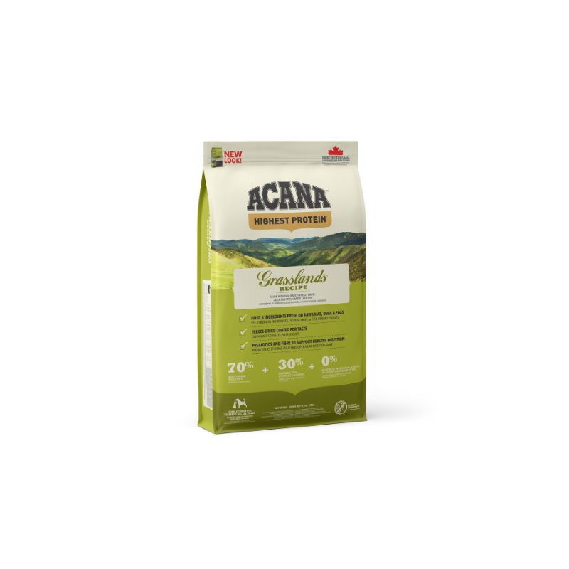 Sausas šunų ėdalas ACANA Grasslands, su ėriena, antiena ir žuvimi, 2 kg