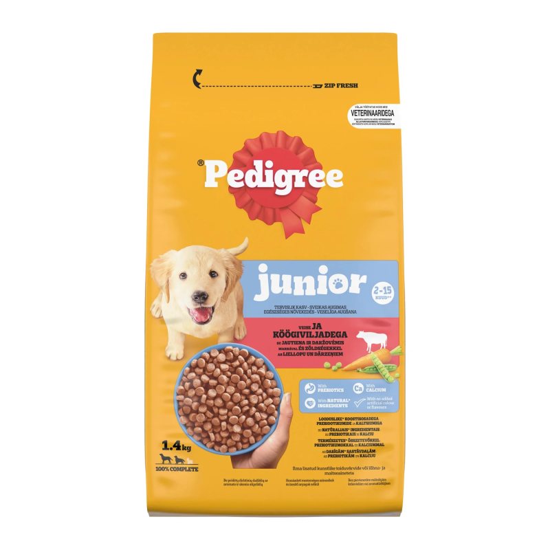 Sausas šunų ėdalas PEDIGREE Junior, su jautiena ir daržovėmis, 1.4 kg