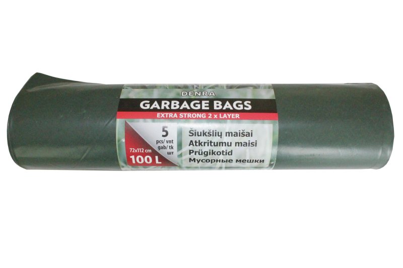 Šiukšlių maišai, dvisluoksniai, žalios-juodos sp., 55 mikr., 5 vnt., 100 l