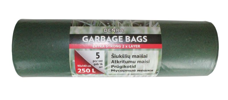 Šiukšlių maišai, dvisluoksniai, žalios-juodos sp., 55 mikr., 5 vnt., 250 l