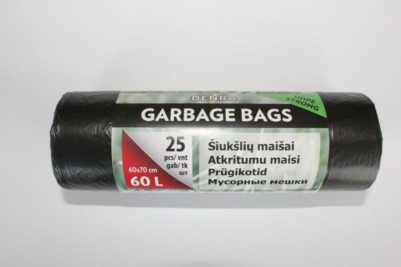 Šiukšlių maišai HDPE, juodos sp., 7 mikr., 25 vnt., 60 l