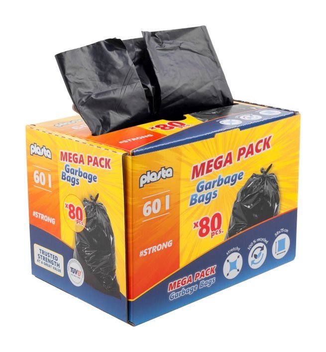 Šiukšlių maišai MEGA PACK, juodos sp., 25 mikr., 80 vnt., 60 l