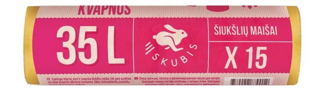 Šiukšlių maišai SKUBIS, stiprūs, užrišami, citrinų kvapo, geltonos sp., 25 mikr., 15 vnt., 35 l