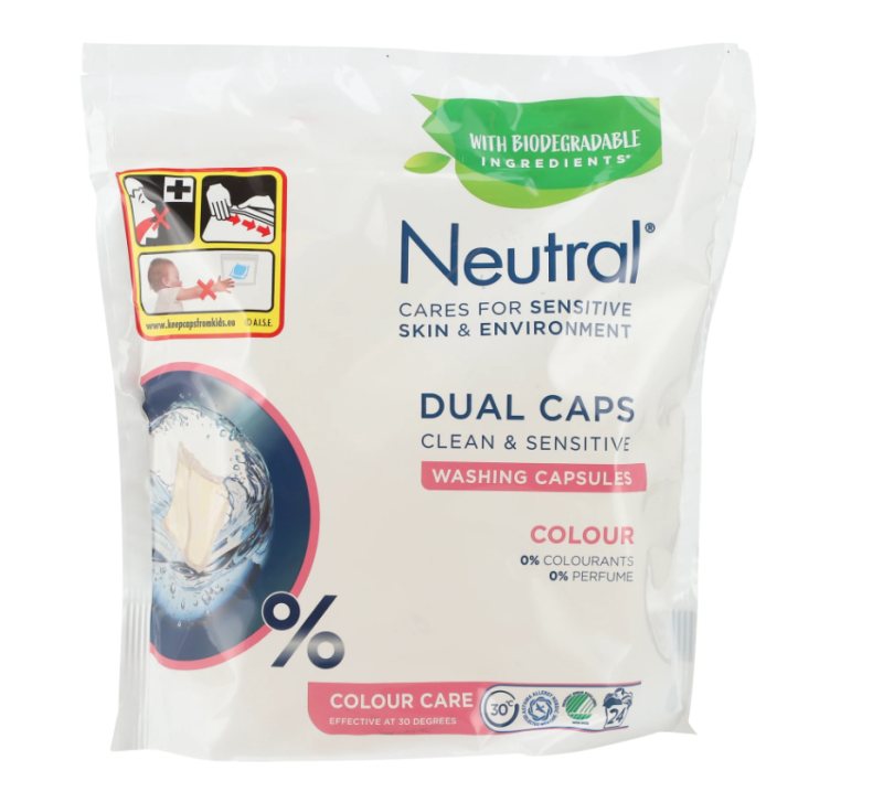 Skalbimo kapsulės NEUTRAL DUO COLOR WASH, spalvotiems audiniams, 24 vnt