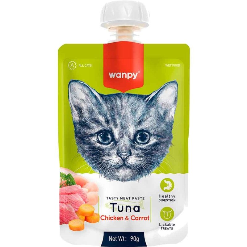 Skanėstas katėms WANPY mėsos pasta, su tunu, vištiena ir morkomis, 90 g