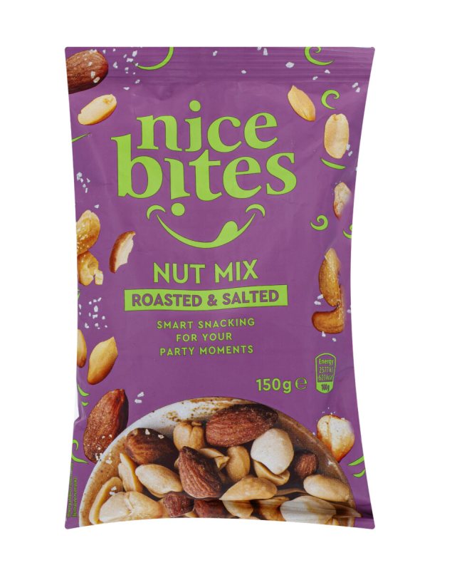 Skrudintų ir sūdytų žemės riešutų ir kitų riešutų mišinys NICE BITES, 150 g