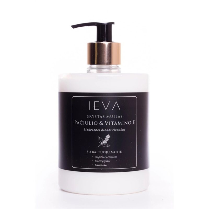 Skystas muilas IEVA pačiulio aromatu, su vitaminu E, 500 ml