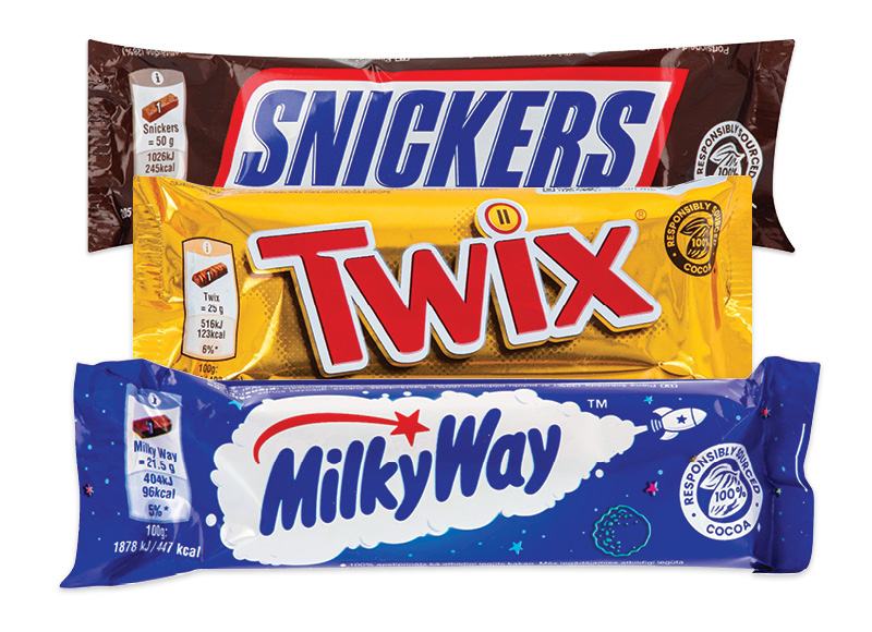 Šokoladiniams batonėliams SNICKERS, TWIX, MILKYWAY, MARS, 21.5 g
