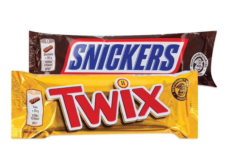 Šokoladinis batonėlis SNICKERS ar TWIX, 50 g