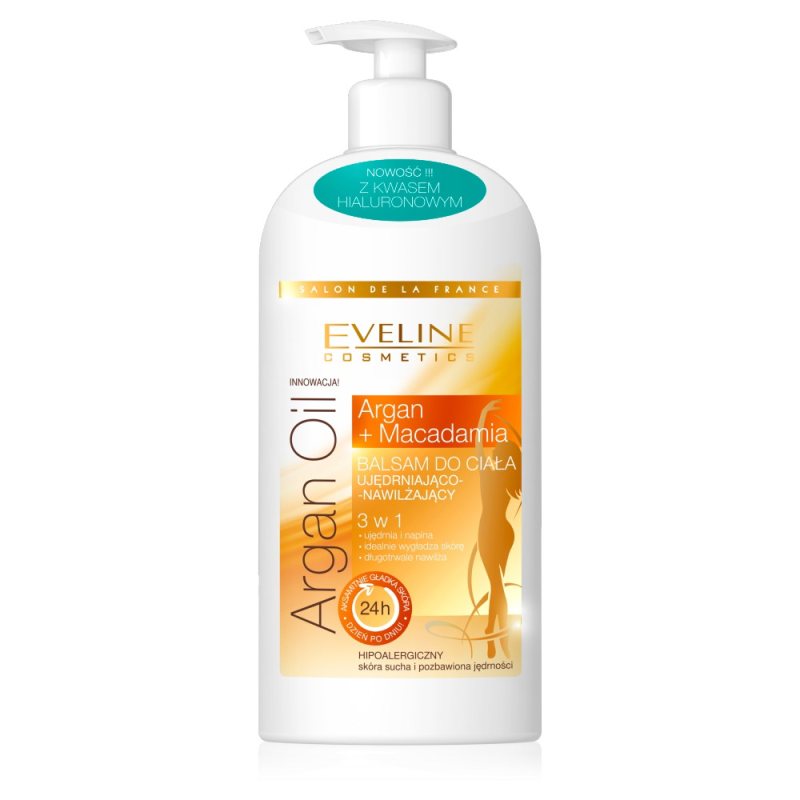 Stangrinamasis drėkinamasis kūno balzamas Eveline Cosmetics Argan Oil Argan + Macadamia 3in1, 350 ml