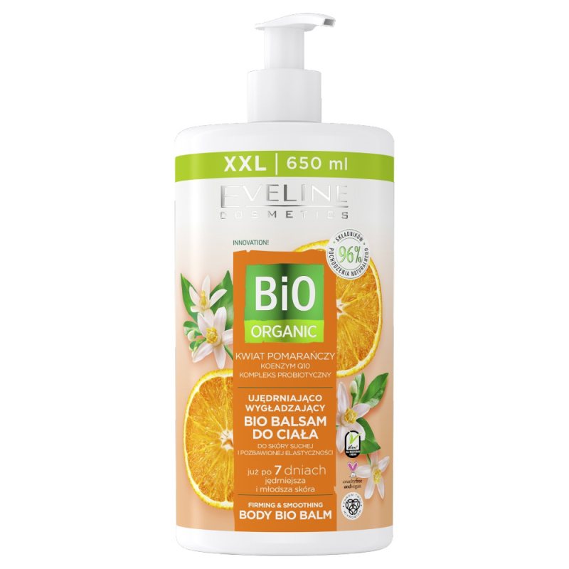 Stangrinamasis glotninamasis kūno balzamas Eveline Cosmetics Bio Organic, apelsinų, 650 ml