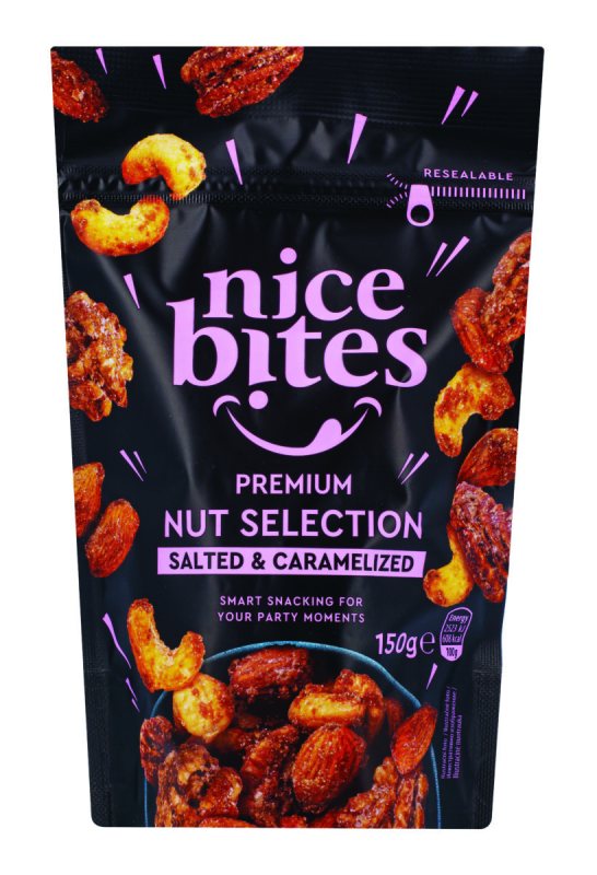 Sūrios karamelės skonio skrudintų ir neskrudintų riešutų mišinys NICE BITES, 150 g