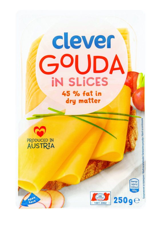 Sūris CLEVER GOUDA 45% riebumo, riekutėmis, 250 g