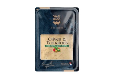Sūris su alyvuogėmis ir pomidorais WELL DONE PREMIUM, pjaustytas, 48 % rieb., 120 g