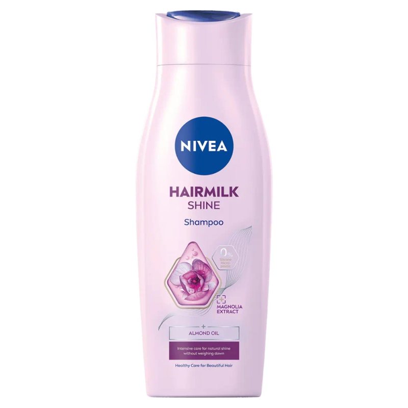 Švelnus prižiūrimasis šampūnas blankiems plaukams Nivea Hairmilk Natural Shine, 400 ml