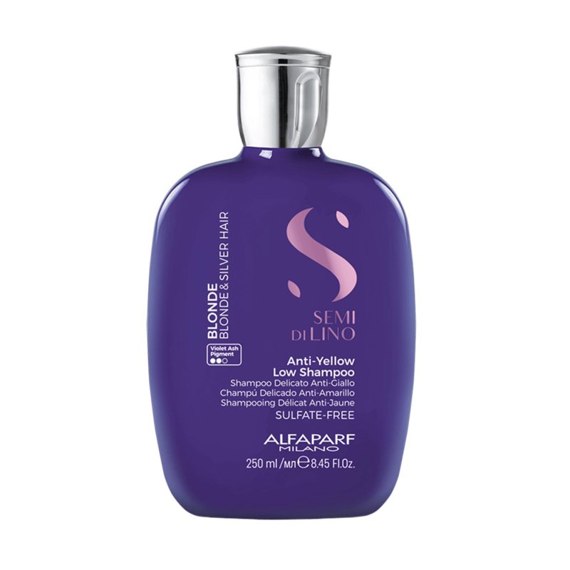 Švelnus šampūnas šviesiems plaukams Alfaparf Semi Di Lino Blonde Anti-Yellow Low Shampoo, 250 ml