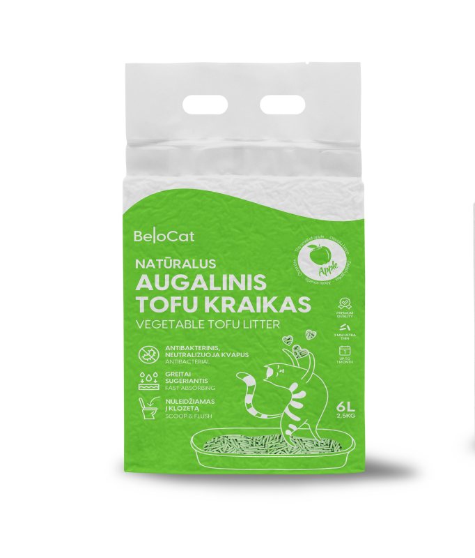 TOFU kraikas katėms BELOCAT, obuolio kvapo, 6 L, 2.5 kg, 2 mm