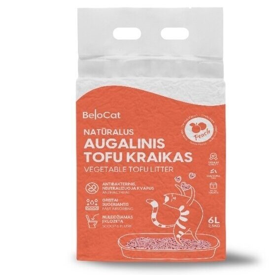 TOFU kraikas katėms BELOCAT, persikų kvapo, 6 L, 2.5 kg, 2 mm