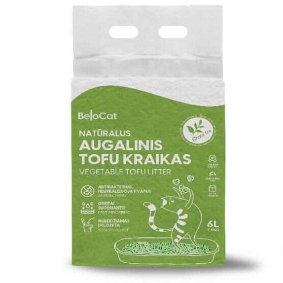 TOFU kraikas katėms BELOCAT, žaliosios arbatos kvapo, 6 L, 2.5 kg, 2 mm