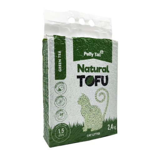 Tofu kraikas katėms PUFFY TAIL, su žaliosios arbatos ekstraktu, 2,4 kg, 1.5 mm