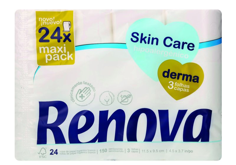 Tualetinis popierius 3 sl. RENOVA SKIN CARE DERMA, 24 rit.