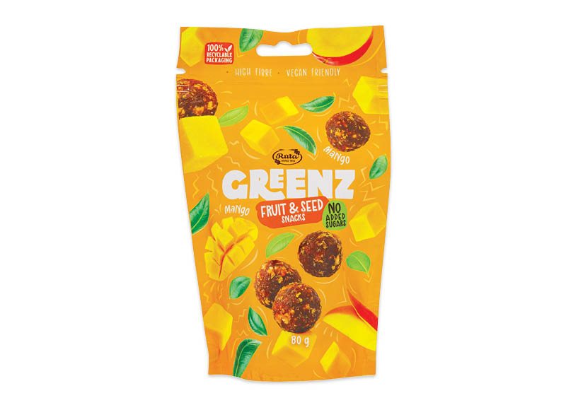 Vaisių ir sėklų užkandžiai su mangais RŪTA Greenz mango, 80 g