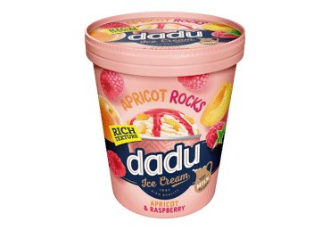 Vaniliniai ledai DADU su abrikosų gabaliukais, aviečių įdaru, 325 g