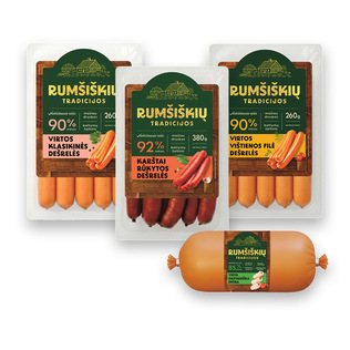 Virt. DAKTARIŠKAI dešrai ir virtoms dešrelėms RUMŠIŠKIŲ TRADICIJOS (4 rūšių), 300 g, 380 g, 260 g