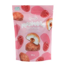 Zefyrai su karamelės įdaru,jogurtiniu glaistu ir avietėmis, 100 g